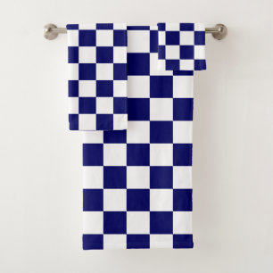 Navy Blue and White Chequerboard Pattern Bath Towel Set