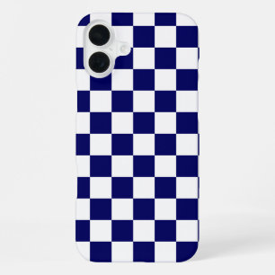 Navy Blue and White Chequerboard Pattern iPhone 16 Plus Case