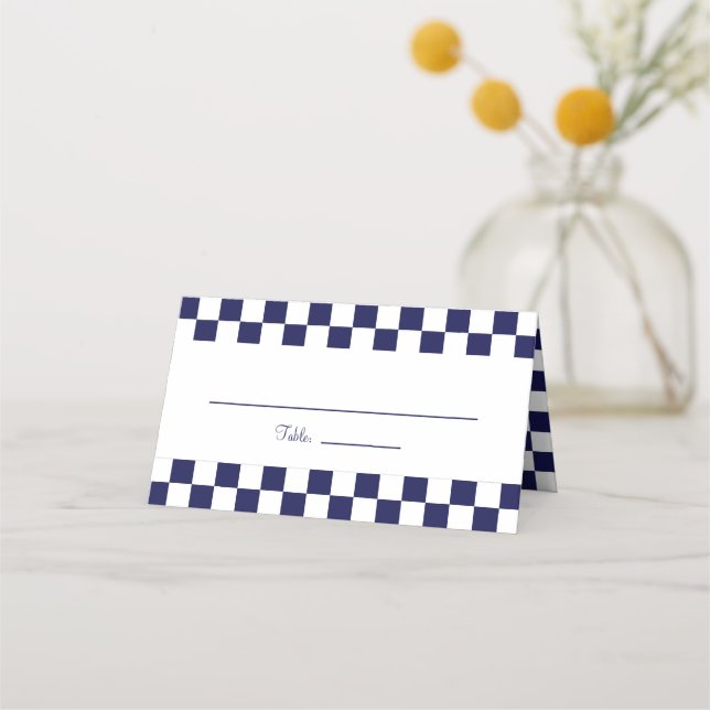 Navy Blue and White Chequerboard Place Card (Front)