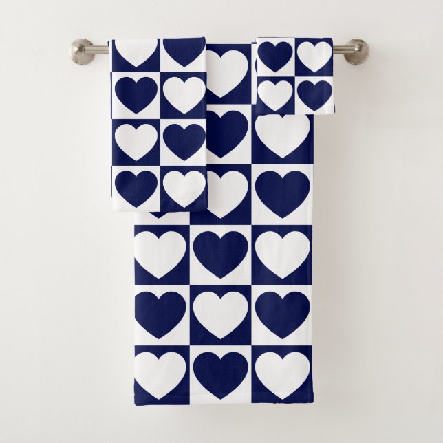 Navy Blue and White Chequered Pattern With Hearts Bath Towel Set (Insitu)