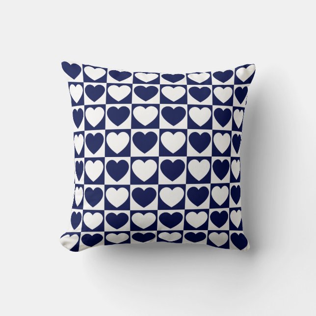 Navy Blue and White Chequered Pattern With Hearts Throw Pillow (Front)