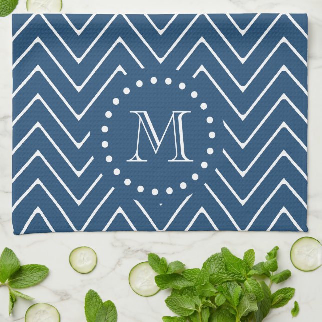 Navy Blue and White Chevron Pattern, Your Monogram Kitchen Towel (Folded)