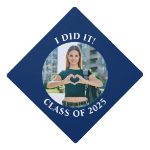 Navy Blue and White Circle School Photo Graduation Cap Topper