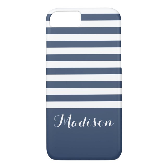 Navy Blue and White Classic Stripes Monogram Case-Mate iPhone Case (Back)