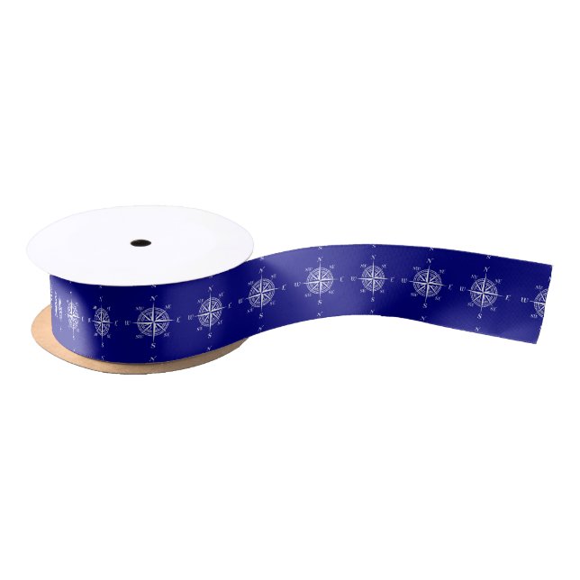 Navy Blue And White Coastal Decor Compass Rose Satin Ribbon (Spool)
