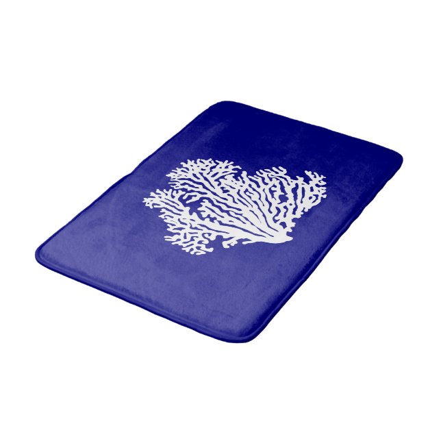 Navy Blue And White Coastal Decor Coral Bath Mat (Angled)