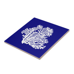 Navy Blue And White Coastal Decor Coral Tile