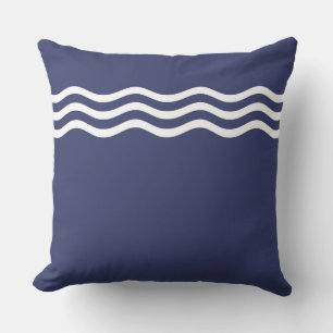 Navy Blue and White Coastal Wave Pattern Outdoor Pillow