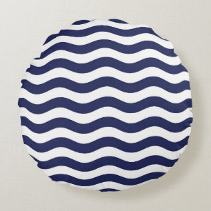 Navy Blue and White Coastal Wave Pattern Round Pillow