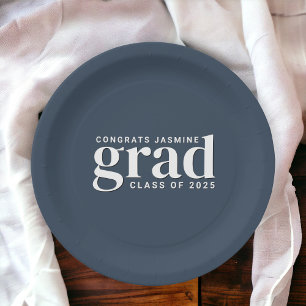Navy Blue and White Congrats Grad with Class Year  Paper Plate