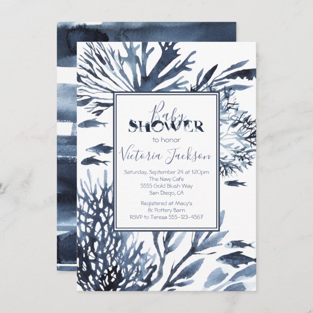Navy Blue and White Coral Reef Baby Shower Invitation (Front/Back)