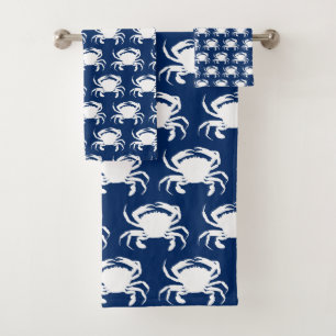 Navy Blue and White Crabs Bath Towel Set