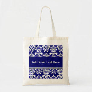 Navy Blue and White Damask Tote Bags Customizable
