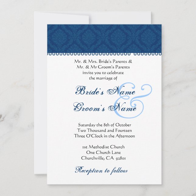 Navy Blue and White Damask Wedding Invitation (Front)