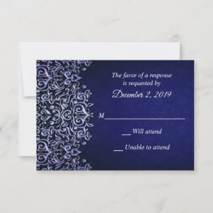 Navy Blue and White Damask Winter Wedding RSVP Card