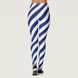 Navy Blue and White Diagonal Stripes Pattern Leggings