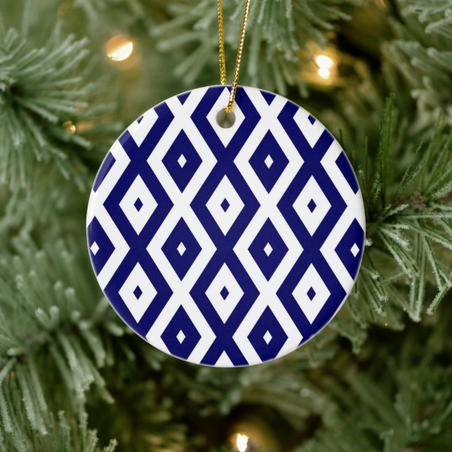 Navy blue and white diamond pattern ceramic ornament (Tree)