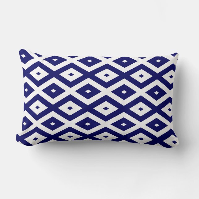 Navy blue and white diamond pattern lumbar pillow (Front)