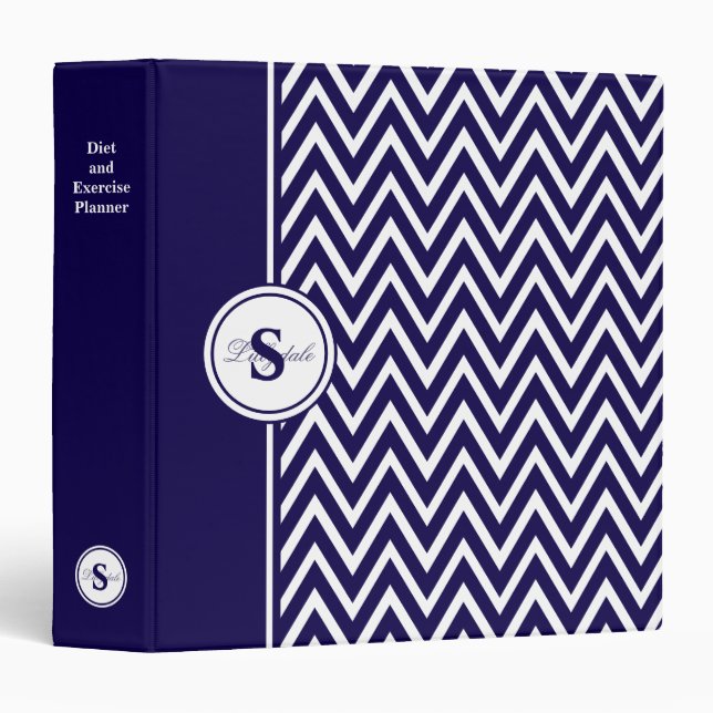 Navy Blue and White Diet and Exercise Planner Binder (Front/Spine)