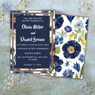 Navy Blue and white Elegant Floral Wedding Invitation