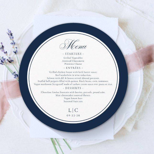 Navy Blue and White Elegant Round Wedding Menu (Creator Uploaded)