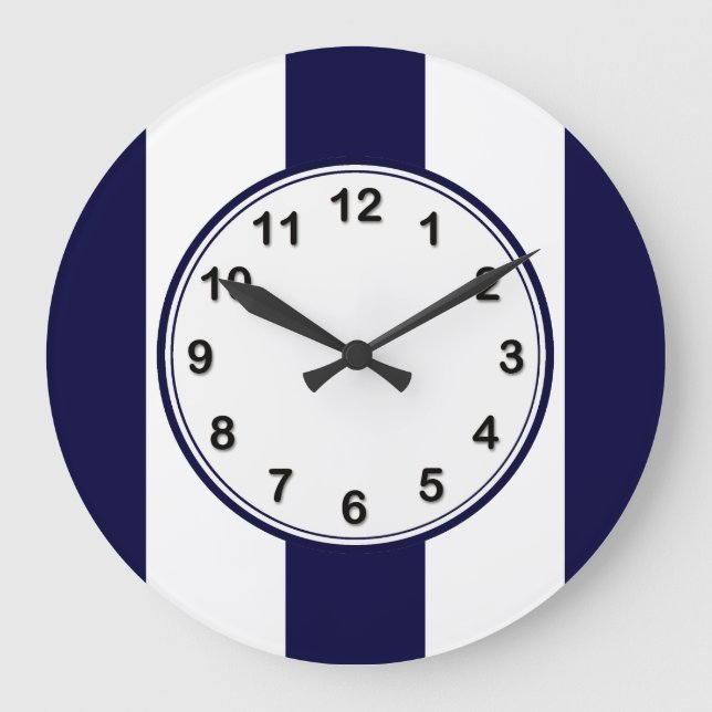 Navy Blue and White Extra Large Stripe Pattern Large Clock (Front)