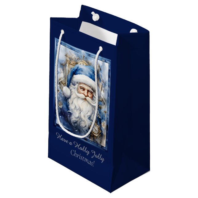 Navy Blue and White Father Christmas Small Gift Bag (Front Angled)