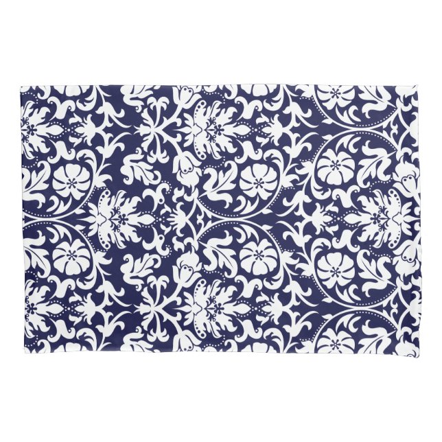 Navy Blue and White Floral Damask Pillowcase (Front-Left)