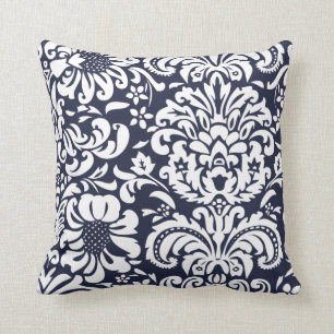 Navy Blue and White Floral Damask Throw Pillow