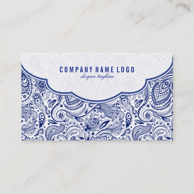 Navy Blue And White Floral Paisley Business Card (Front)