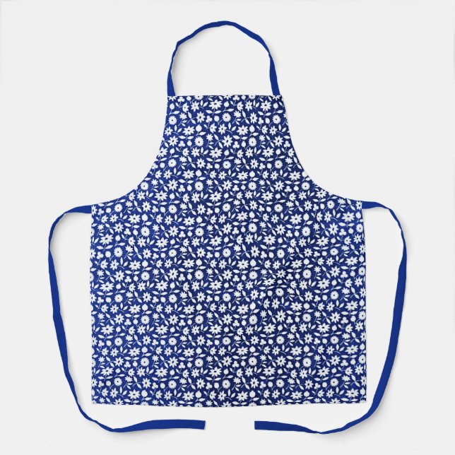 Navy Blue and White Floral Pattern Apron (Front)