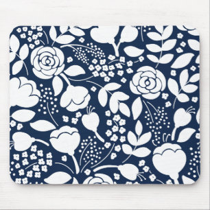 Navy blue and white floral pattern mouse pad