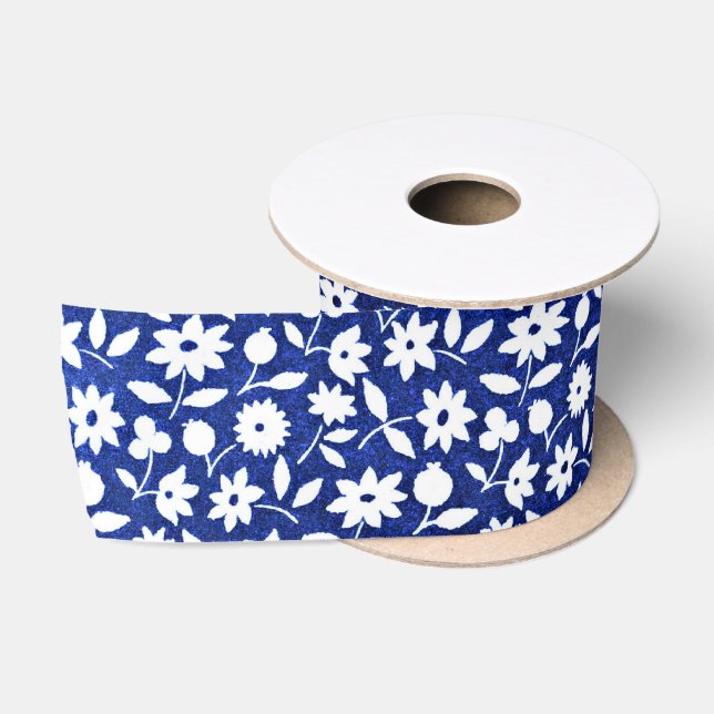 Navy blue and white floral pattern satin ribbon (Spool)
