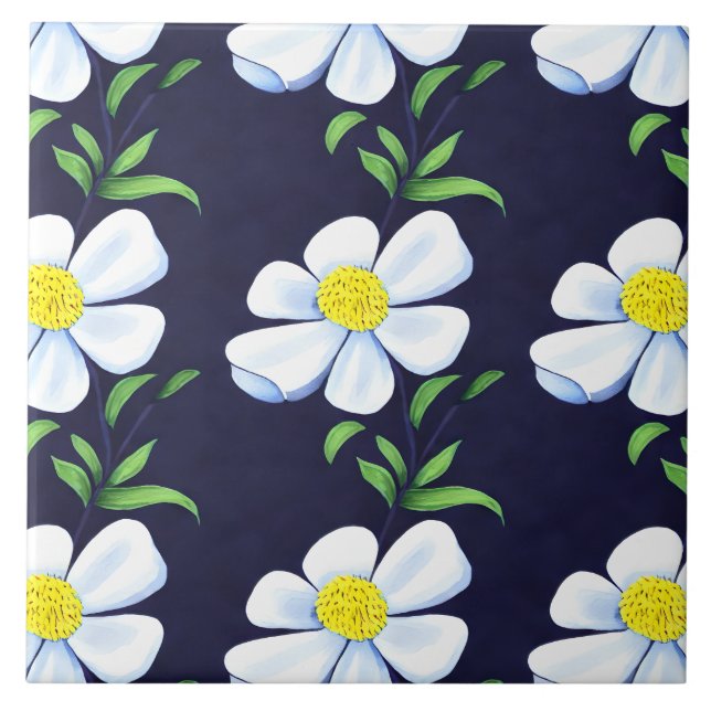 Navy Blue and White Floral Pattern Tile (Front)