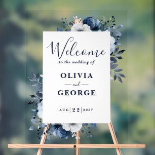 Navy Blue And White Floral Wedding Welcome Sign