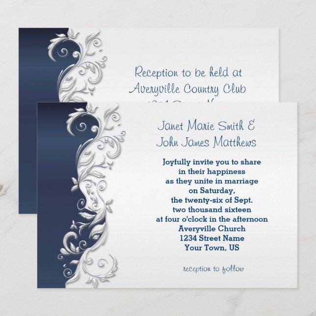 Navy Blue and White  Florid Wedding Invitation (Front/Back)