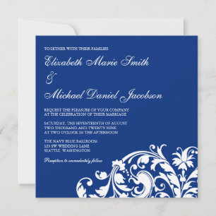 Navy Blue and White Flourish Swirl Wedding Invitation