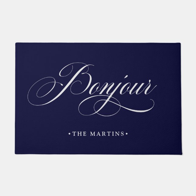 Navy Blue and White French Script | Bonjour Doormat (Front)