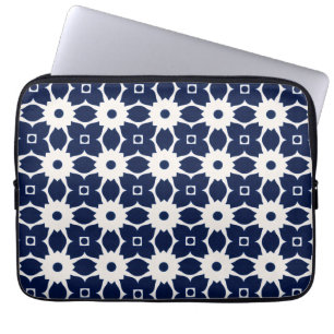 Navy Blue and White Geometric Floral Laptop Sleeve