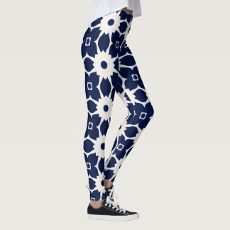 Navy Blue and White Geometric Floral Leggings