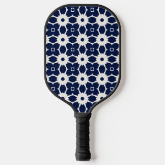 Navy Blue and White Geometric Floral Pickleball Paddle