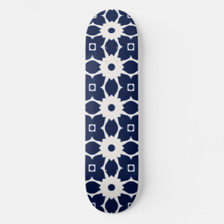 Navy Blue and White Geometric Floral Skateboard