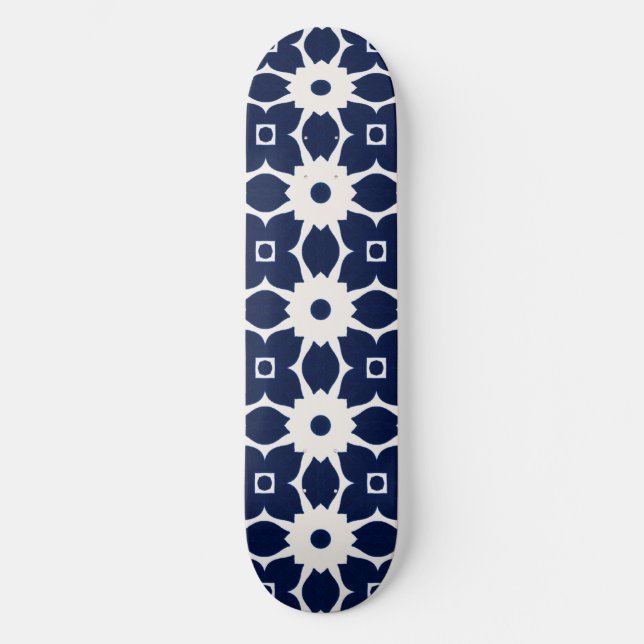 Navy Blue and White Geometric Floral Skateboard (Front)