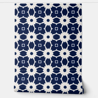 Navy Blue and White Geometric Floral Wallpaper