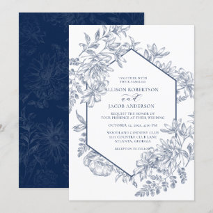 Navy Blue and White Geometric Floral Wedding Invitation