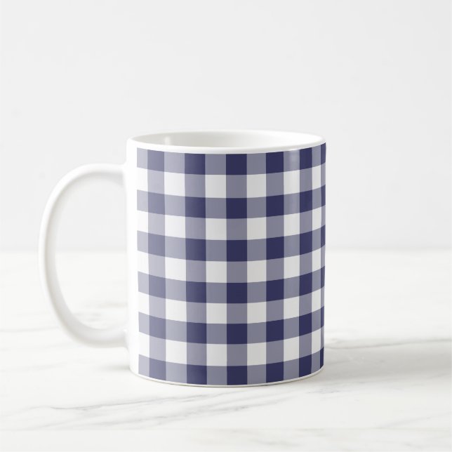 Navy Blue and White Gingham Checked Pattern Coffee Mug (Left)