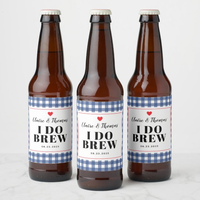 Navy Blue and White Gingham I Do Brew Wedding Beer Bottle Label (Bottles)
