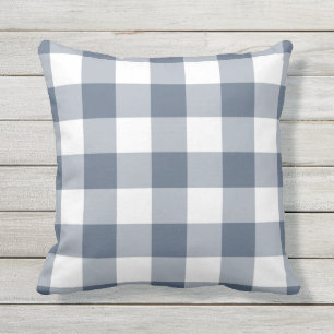 Navy Blue and White Gingham Pattern Chequered Outdoor Pillow