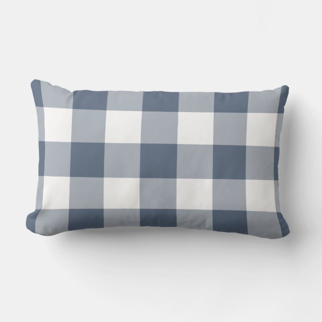 Navy Blue and White Gingham Pattern Lumbar Pillow (Front)