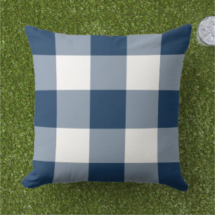 Navy Blue and White Gingham Plaid Pattern Outdoor Pillow